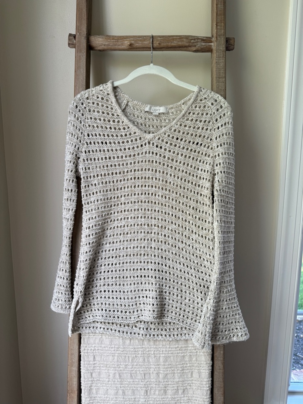 LOFT Open-Knit V-Neck Sweater in Light Taupe with Bell Sleeves